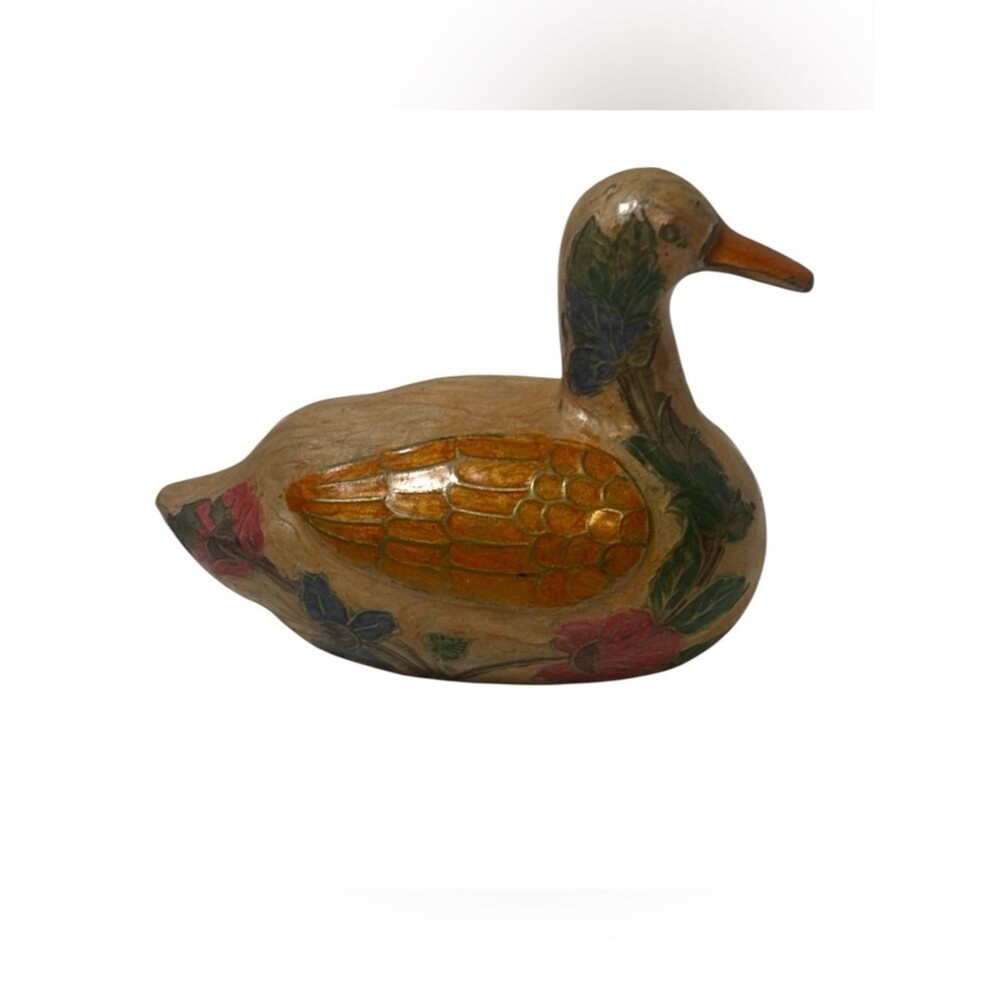 VTG Brass Cloisonne Duck Hand-Enameled Floral Design Chinoiserie Decoy MCM